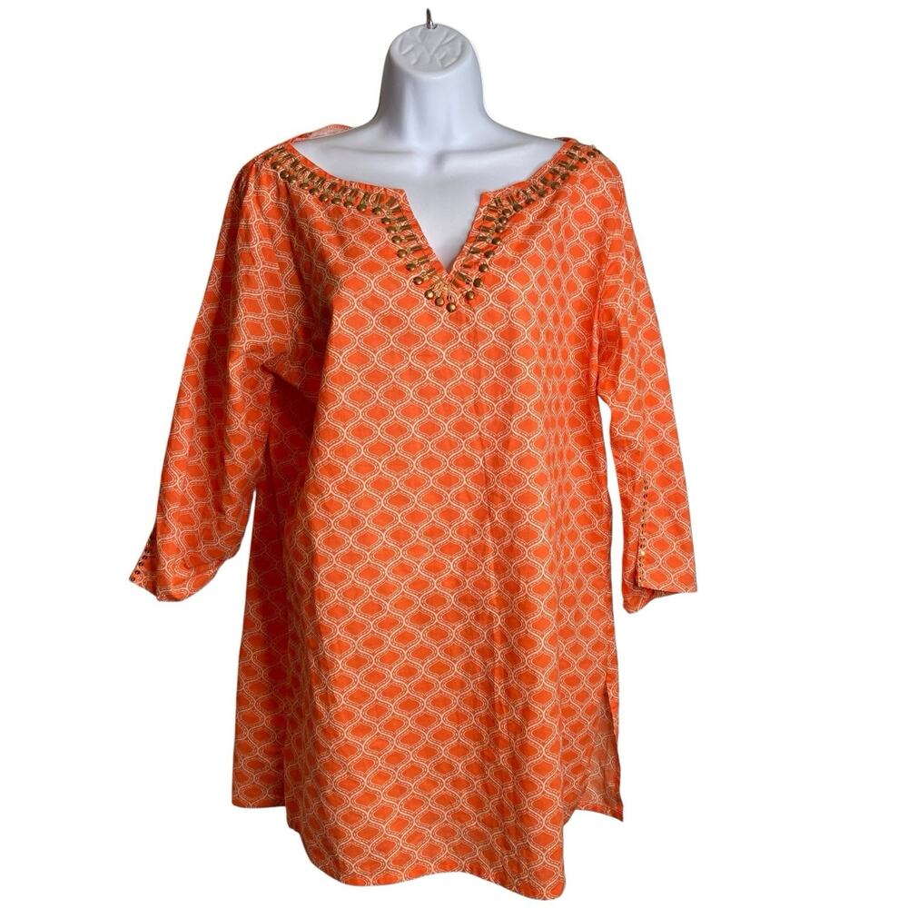 dei Women's Orange Moroccan Tile Beaded Tunic Top Size M Boho Gypsy Art‎ To Wear